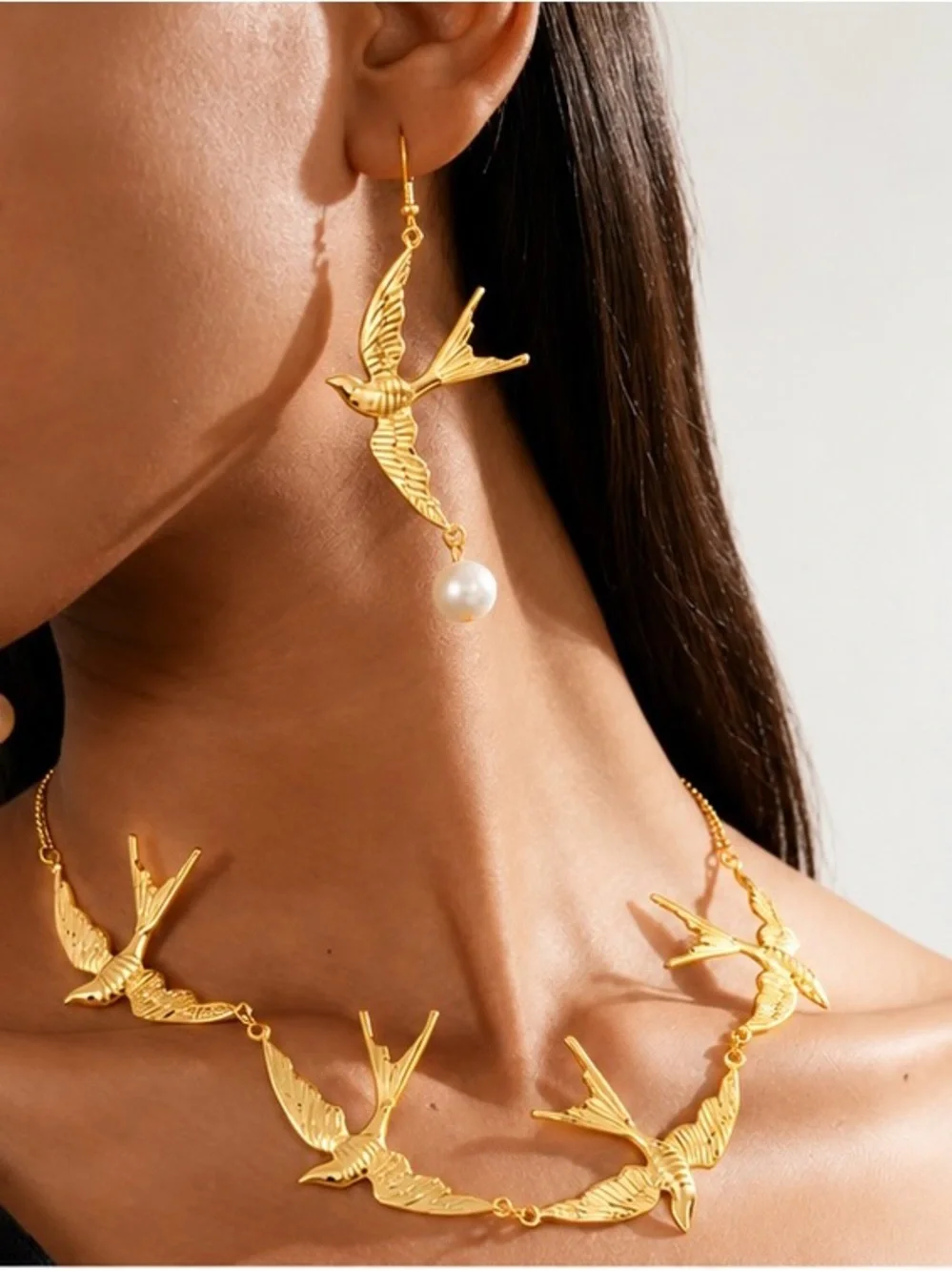 Gold Swallow Bird Necklace & Earrings Set | Pearl Drop Statement Jewelry - Picture 1 of 10